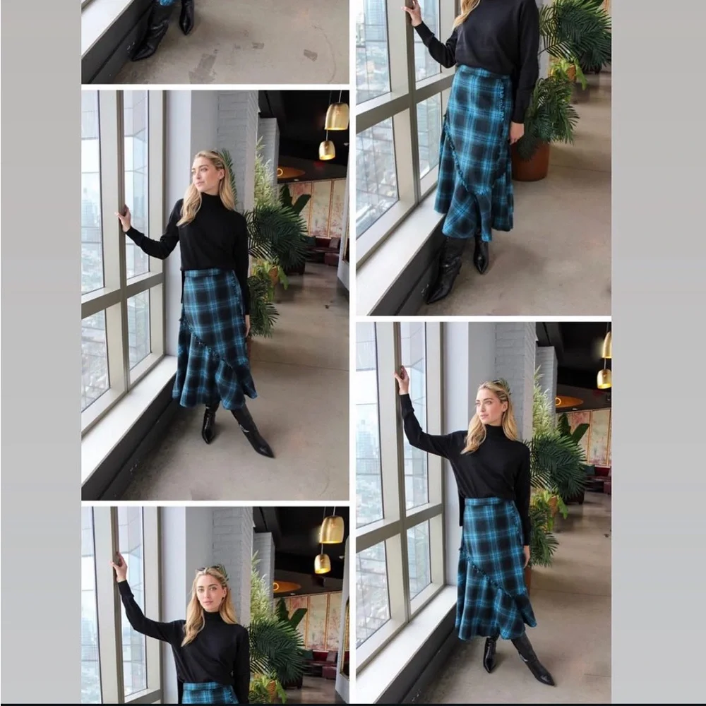 Plaid Check Ruffle Asymmetrical Midi Knee-Length High-Waist Modest Fringe Skirt - Picture 14 of 16